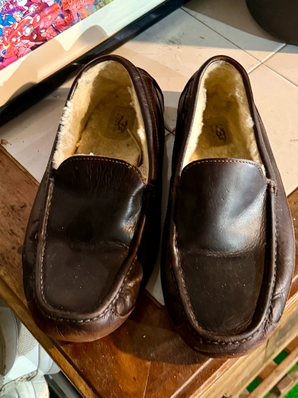 UGG Men's Dark Brown Leather Slip-On Moccasins with Shearling Lining